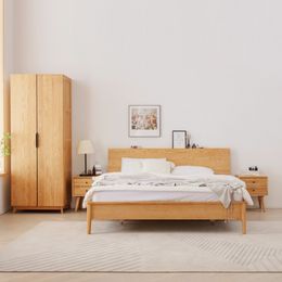 Nordic Modern Minimalist Solid Wood Bed With Light King Size Queen Size Bed Bedroom Furniture Set Wooden Beds For Home Use