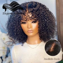 Fake Scalp Curly With Bangs 180% Density Glueless Kinky Brazilian Virgin Human Hair Lace s with Natural Black 240402