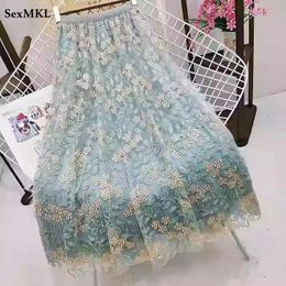 Vintage Embroidery Long Tulle Skirt 2023 Fashion High Waist Causal Faldas Mujer A Line Korean Style Pleated Midi 240402