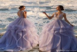 2018 Lavernder Prom Dresses Custom made Sheer V Neck Ruffles Skirt Beading Keyhole Back Elegant Formal Ball Gowns Pageant Dress5391748