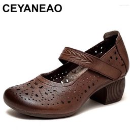 Dress Shoes 5cm Retro Hollow Ethnic Pumps Genuine Leather Comfy Casual Sandals Summer Breathable Hook Females Chunky Heels Girl