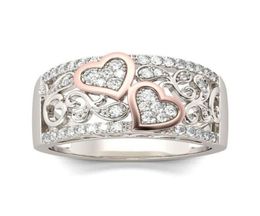 Romantic Rose Gold Colour Double Heart Rings for Women Fashion Full Zircon Wedding Band Finger Rings Charming Women Party Jewelry4476617