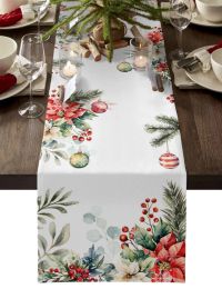 Christmas Balls Poinsettia Fir Leaves Table Runner Xmas Linen Table Flag Cover Home Decorations Navidad Noel Gifts Tablecloth