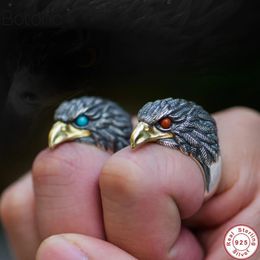 Two Colours Punk Animal Ring 925 Sterling Silver colour Eagle Head Rings for Men Male Semiprecious Stone Mens Jewellery Red green240412