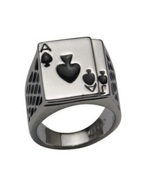 2014 Cool Men039s Jewelry Chunky 18K White Gold Plated Black Enamel Spades Poker Ring Men4590575