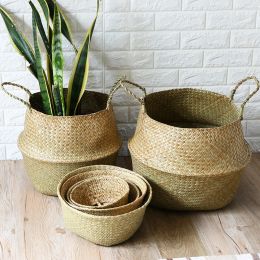 Seaweed Wicker Storage Baskets Straw Wicker Rattan Hanging Flowerpot Seagrass Folding Laundry Basket Plant Basket Home Decor