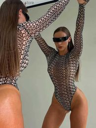 Women's Jumpsuits Rompers hirigin Sexy Women Slim Fit Bodysuit Tops Long Slve Shr S Through Bodysuits Rhinestone Hollow Out Backless Leotard T shirt T240412