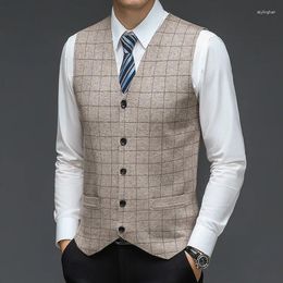 Men's Sweaters Men Wool Plaid Blazer Coats Vest 2024 Autumn Winter Knitted Office Man Single Breasted Sleeveless Striped Sweater Cardigan