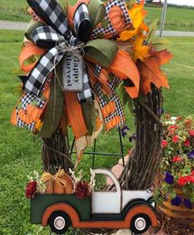 Pumpkin Truck Wreath Fall For Front Door Farm Fresh Sign Autumn Decoration Halloween Stolen Doorplate Decor Q08123786580
