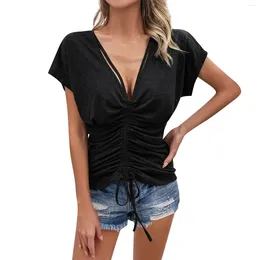 Women's T Shirts Fashionable And Sexy Spring Summer Foreign Trade Elegant V-Neck Pleated Tops Simple