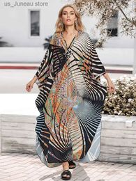 Basic Casual Dresses 2024 Summer New Brown Printed Fashionable Womens Kaftan Dress Sexy V-neck Chinese Knot Auspicious Robe Maxi Dresses Q1630 T240412