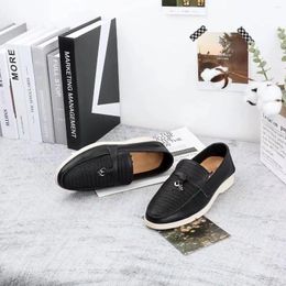 Casual Shoes Black Cowhide Soft-soled Men's And Women's Italian Loro Loafers Gorgeous Lines Stitching Metal Buckle