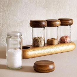 Storage Bottles Wholesale 4 Pieces 90ml Round Seasoning Bottle Wooden Cap And Glass Set With Base Kitchen Organizer