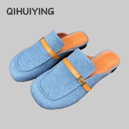 Slippers 2024 Est Spring Genuine Leather Round-Toe Flat Heel Woman Metal Decora Mules Slides Loafers Shoes Zapatos De Mujer