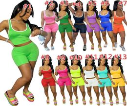 Summer Women Sexy Solid Color Tracksuits 2 Two Piece Pants Shorts Set Vest Shorts Suit Sleeveless Yoga Outfits Gym Clothes Plus Si1689036