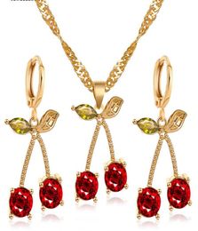 2020 New Crystal Cherry Jewelry Set for Bridal Wedding Jewelry Golden Plated Red Cherry Pendant Earrings Necklace Sets3735668