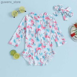 One-Pieces 3-8T Latest GirlS Long-Sleeved Flamingo Print Swimsuit Sun Protection Swimsuit Round Neck Cartoon Print Swimsuit + Headgear Y240412