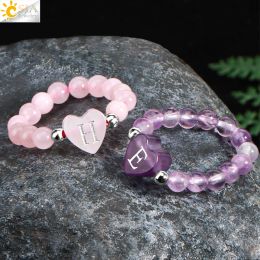 Natural Stone Crystal Rings for Girls Men Initial Letter Ring with Heart Charms Black Obsidian Rose Quartz Healing Jewellery H284