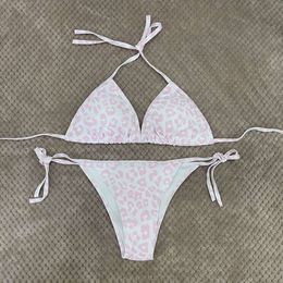 Women's Tracksuits Swimwear Printed Leopard Print Pink Lace Up Small Chest Triangle Bikini