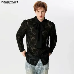 Men's Casual Shirts Fashion Men Ribbon Jacquard Feather Handsome Male Personality Plush Patchwork Long Sleeved Blouse S-5XL INCERUN Tops