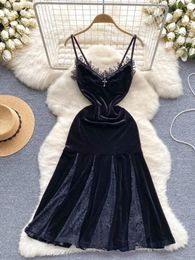 Casual Dresses Fomalina Hepburn Style Black Vest Dress Lace Trim Slim Fit Medium Length Ruffle Edge Retro Velvet A-line Party