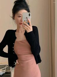 Women's Knits Women Summer Thin Knit Cropped Cardigan Korean Style Elegant Ladies Button-Up Slim Fitted Black White Long-Sleeve Top Cover-Up