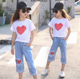 Girl Clothes Set Summer Clothes for Girl Short Sleeve Print Heart + Ripped Jeans Shorts Outfits Size 6 8 10 12 Years6079261