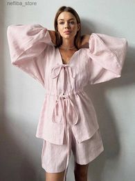 Sexy Pyjamas Marthaqiqi Pink WomenS Nightwear Set y V-Neck Sleepwear Long Sleeve Pajamas Lace Up Nightie Shorts Loose Ladies Pyjamas Suit L410