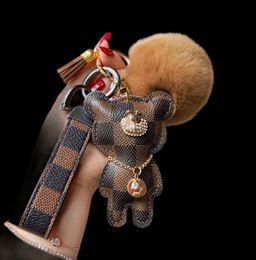 Designer keychain bear leather fur ball charm key chain car pendant metal fashion personality creative couple Chequered variety of1476720