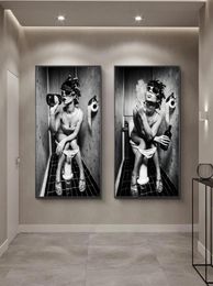 Nordic Canvas Art Posters And Prints Sexy Girl Sit in a Toilet Black and White Woman Smoke and Drink in Restroom Picture Poster5243152