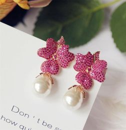 Fashion Rose red Big Flower Full stone Setting Irregular Pearl Drop Earring Party Jewelry Gift Wedding bride Accessories 2106241498002