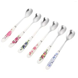 Spoons 6 Pcs Stainless Steel Whisk Mixing Spoon Ice Cream Scoop Blender Delicate Ceramic Handle Coffee Dessert Child