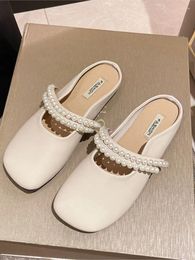 Casual Shoes Woman's Slippers String Bead Cover Toe Low Female Luxury Slides 2024 Soft Japanese Style Designer Flats Basic