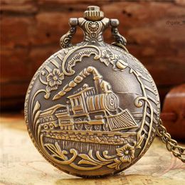 Antique Classic Train Locomotive Engine Pocket Watch Bronze Cover Design Necklace Pendant Chain Unisex Gifts Clock Timepiece