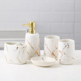 Milky Ceramic Toiletries Bathroom Accessories Set Marble Porcelain Toothbrush Holde Soap Dispenser Bathroom Tray Home Decoration