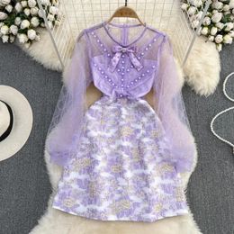 Casual Dresses Summer Women Luxury Beading Pearls Embroidery Diamonds Bowknot Lace Long Sleeve Splice Floral Jacquard Elegant Mini