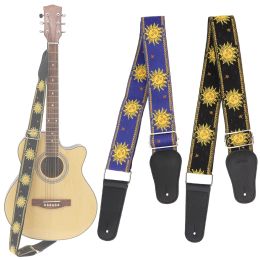 Hanger Durable Jacquard Weave Double Fabric Guitar Strap Sun Flower Pattern Genuine Leather Ends with for Acoustic Electric Guitar Bass