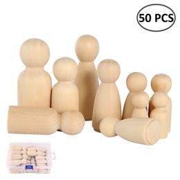50pcs Unfinished Wooden Peg Doll for DIY Painting Natural Wood Peg People in 4 Sizes Wooden Doll for Kids Arts and Crafts