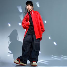 Kids Hip Hop Clothing Red Jacket Coat Casual Street Strap Cargo Pants for Girl Boy Jazz Dance Costume Teenage Kpop Clothes
