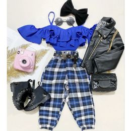 Pants Focusnorm 2pcs Fashion Kids Girls 16y Clothes Sets Off Shoulder Ruffles Fly Sleeve Solid T Shirts+plaid Print Hight Waist Pants