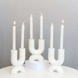 Candle Holders TingKe European-style U-shaped Ceramic Candlestick Matte Texture Double-headed Ornament Modern Home Table Decoration
