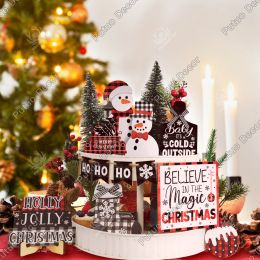 Putuo Decor 13pc Holiday Tiered Tray Decorations, Xmas Wooden Sign Table Decor for Home Christmas Party, 5.7 X 5.7 Inches