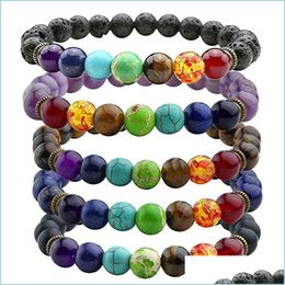 Beaded Fashion 7 Chakra Bracelet Tiger Eye Volcanic Stone Men Black Lava Healing Nce Reiki Prayer Natural Yoga Drop Deliver Dhgarden Dhi5Z