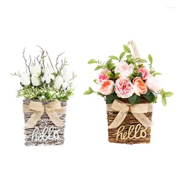 Decorative Flowers Artificial In Woven Basket Door Hanger Farmhouse Rustic Bowknot Fake Greenery Bonsai Wall Hanging Decoration