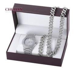 Watch CHUHAN 3pcsset Hip Hop Cuba Chains Iced Out Necklace Set Fashion Luxury Diamond Inlaid Steel Band Quartz Watch Bracelet J4871073