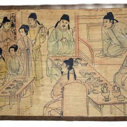 Decorative Figurines Chinese Old Picture Paper "Figure Painting " Long Scroll Drawing Dinner Party Tu