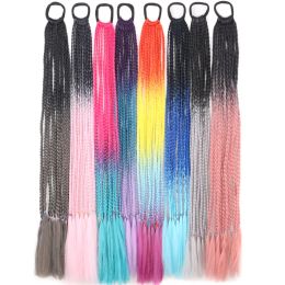 Braided Ponytail 24inch False Tail for Women Synthetic Hair Extensions Rainbow Colour Braids Overhead Pony Horse Tails with Band