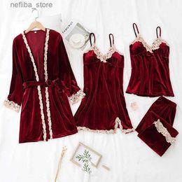 Sexy Pyjamas New Autumn Winter Female y Lace Trim 4PCS Pyjamas Set Velvet Sleepwear Pyjama Pour Femme Bathrobe Nightgown Loose Home Wear L410