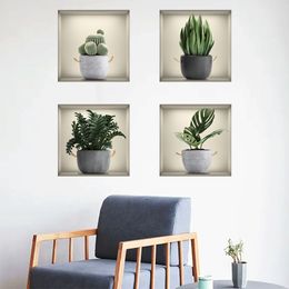 4PCS 3D Green Plants Potted Plants Wall Sticker False Window Vinyl Wall Decals Living Room Background Decor Wall Stickers