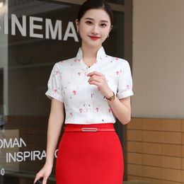 Printed Blouse Skirt Girl Professional Suit Shenzhen Airline Stewardess Uniform Short Sleeved V Neck Retro Floral Work Clothing